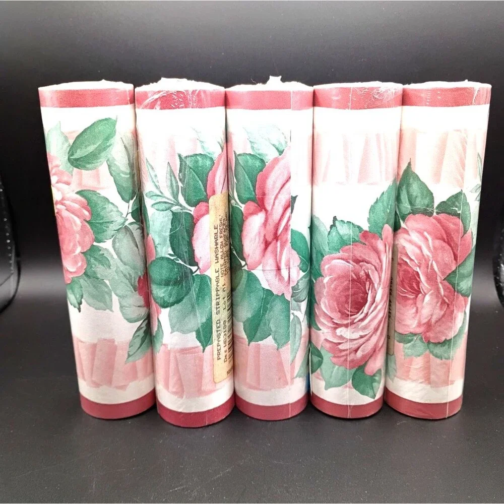 Vtg 1980s Wallpaper Border Mauve Roses Floral 5 Rolls 6.7